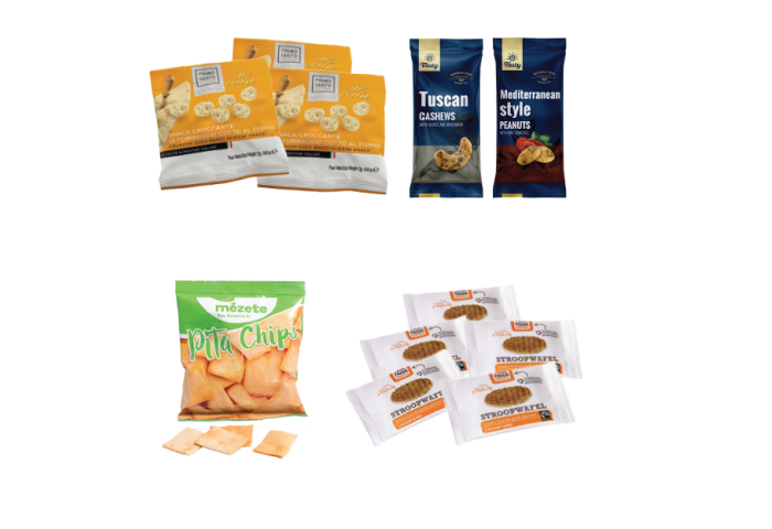 A selection of snakcs in small bags for airlines