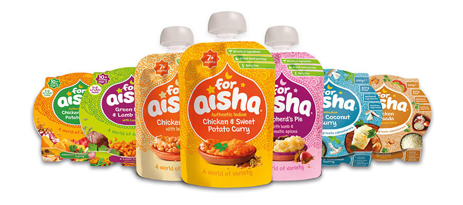 A selection of the For Aisha Halal baby food range in different packet sizes.