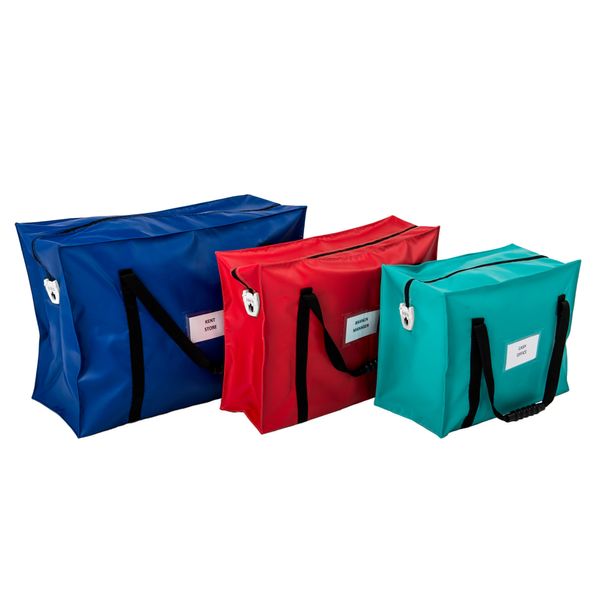 three Versapak tamper evident bags in blue, red, green