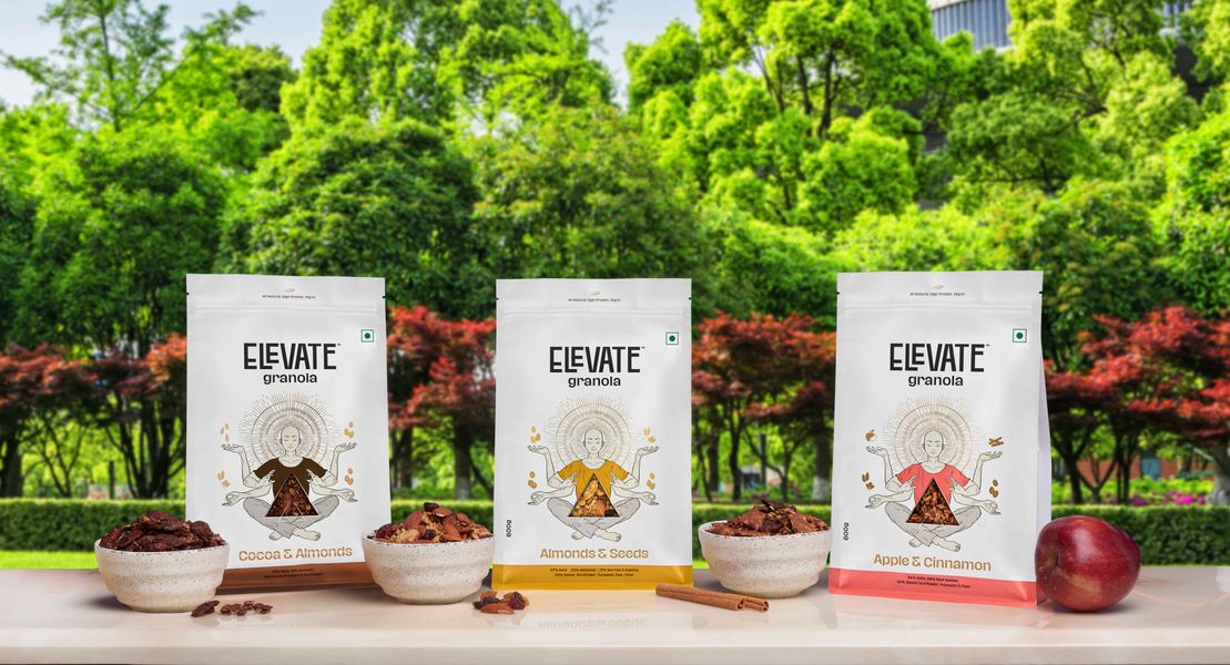 elevate granola boxes on table against green background