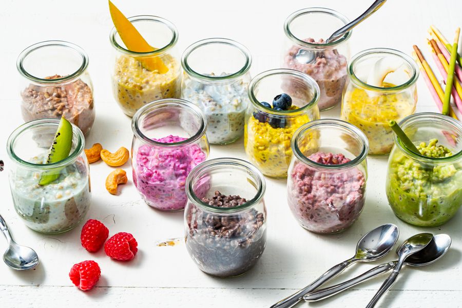 glass jars filled with various coloured chia