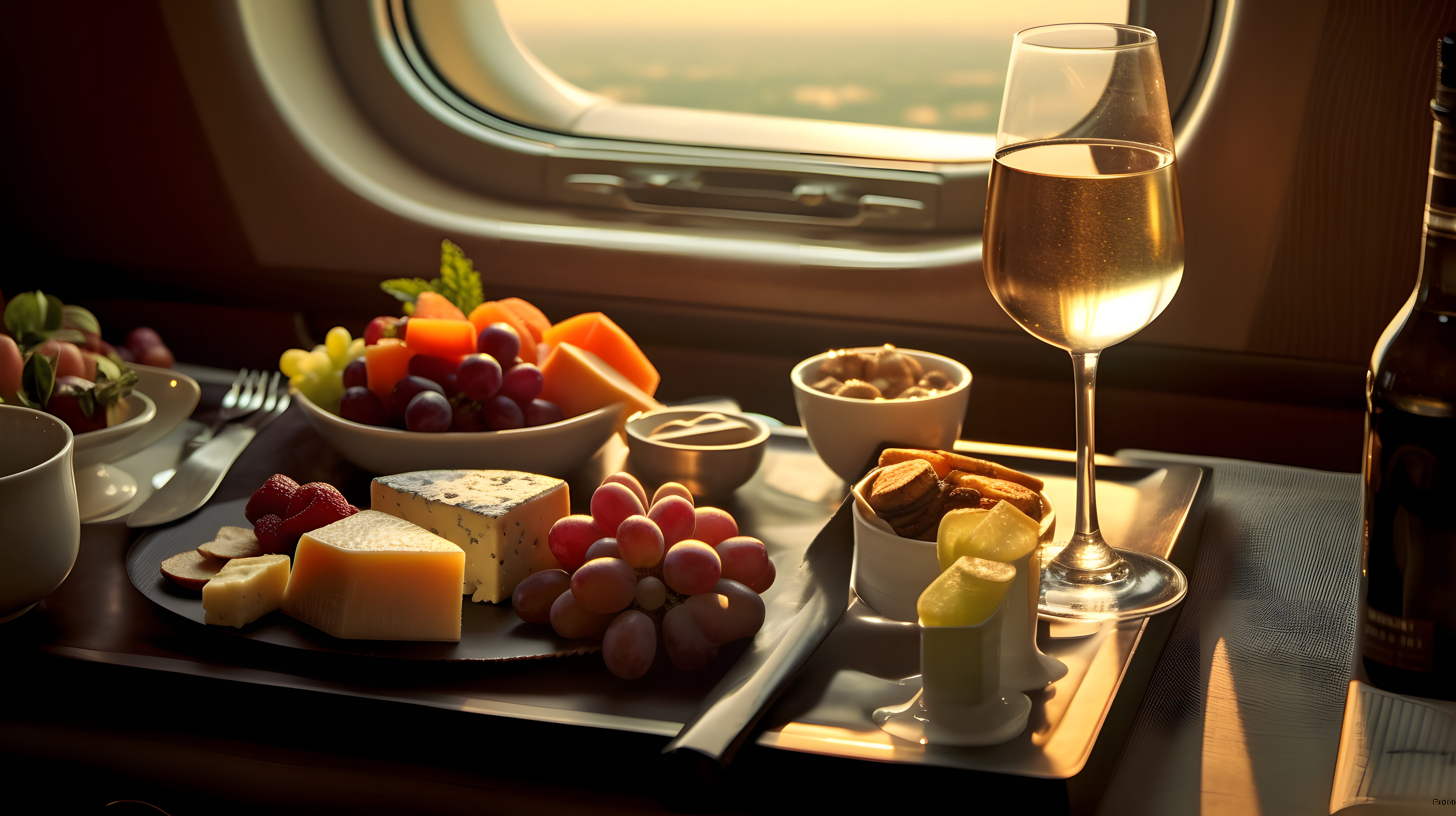 Cheese snackt witn fruits and glass on wine on the plane bord at the window, first and business class travel. Ai generative