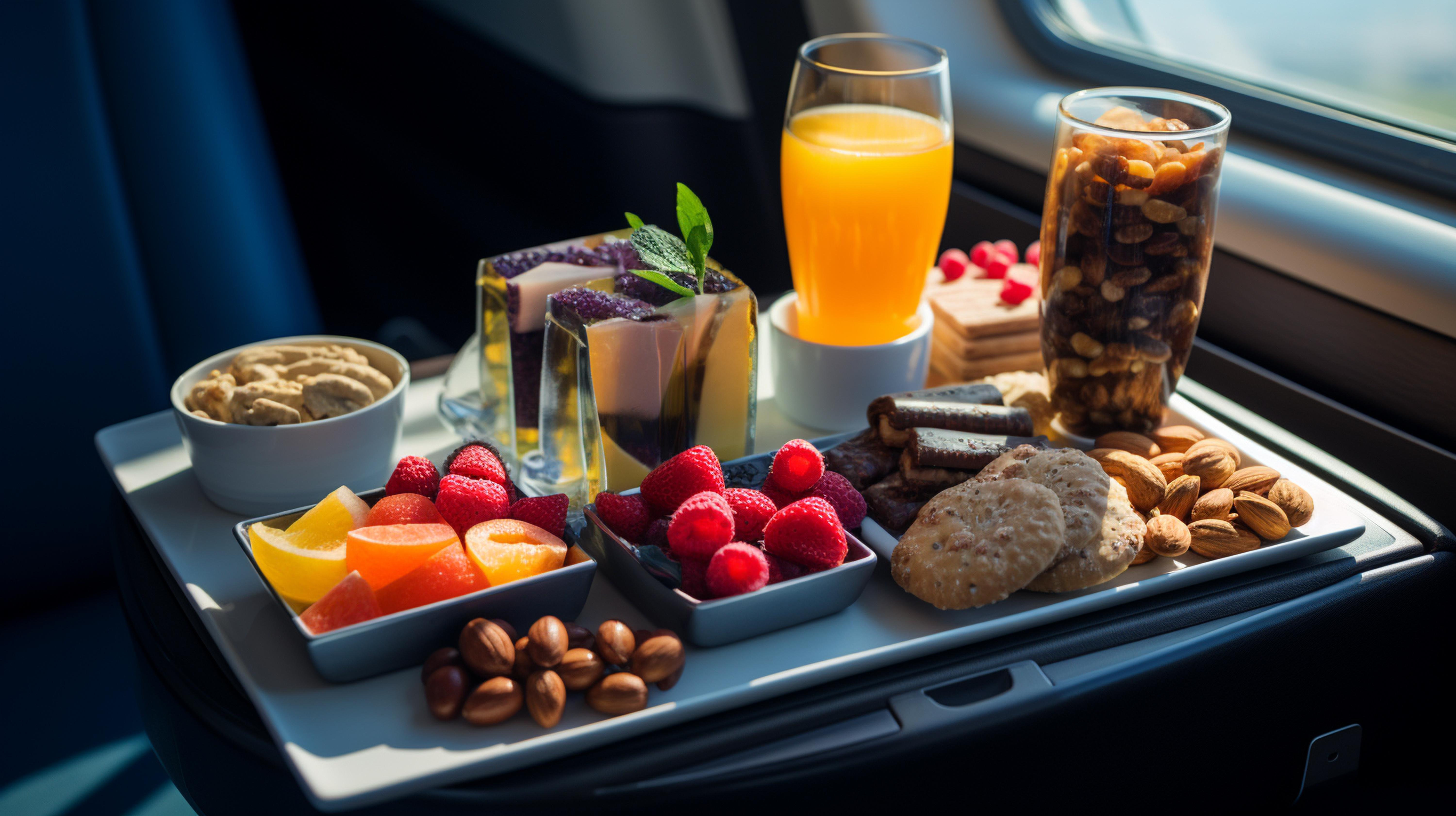 airplane tray with dessert, main course, and a salad․
