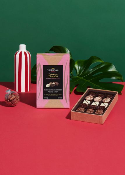 valhrona chocolate tasting box on red surface