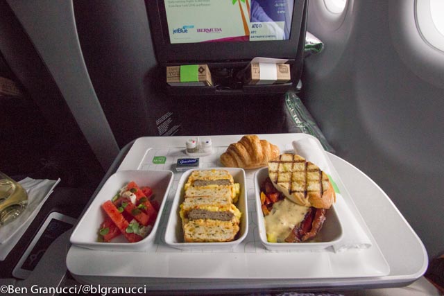 inflight brunch selection on meal tray